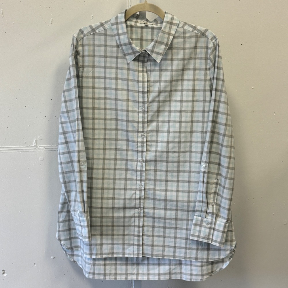 Tyler Boe Plaid Roll Tab Sleeve High Low Button Down Shirt Tunic Women's Large